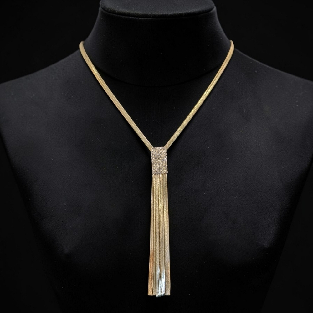 Gold Herringbone Snake Chain Rhinestone Tassel Necklace Minimalist Statement